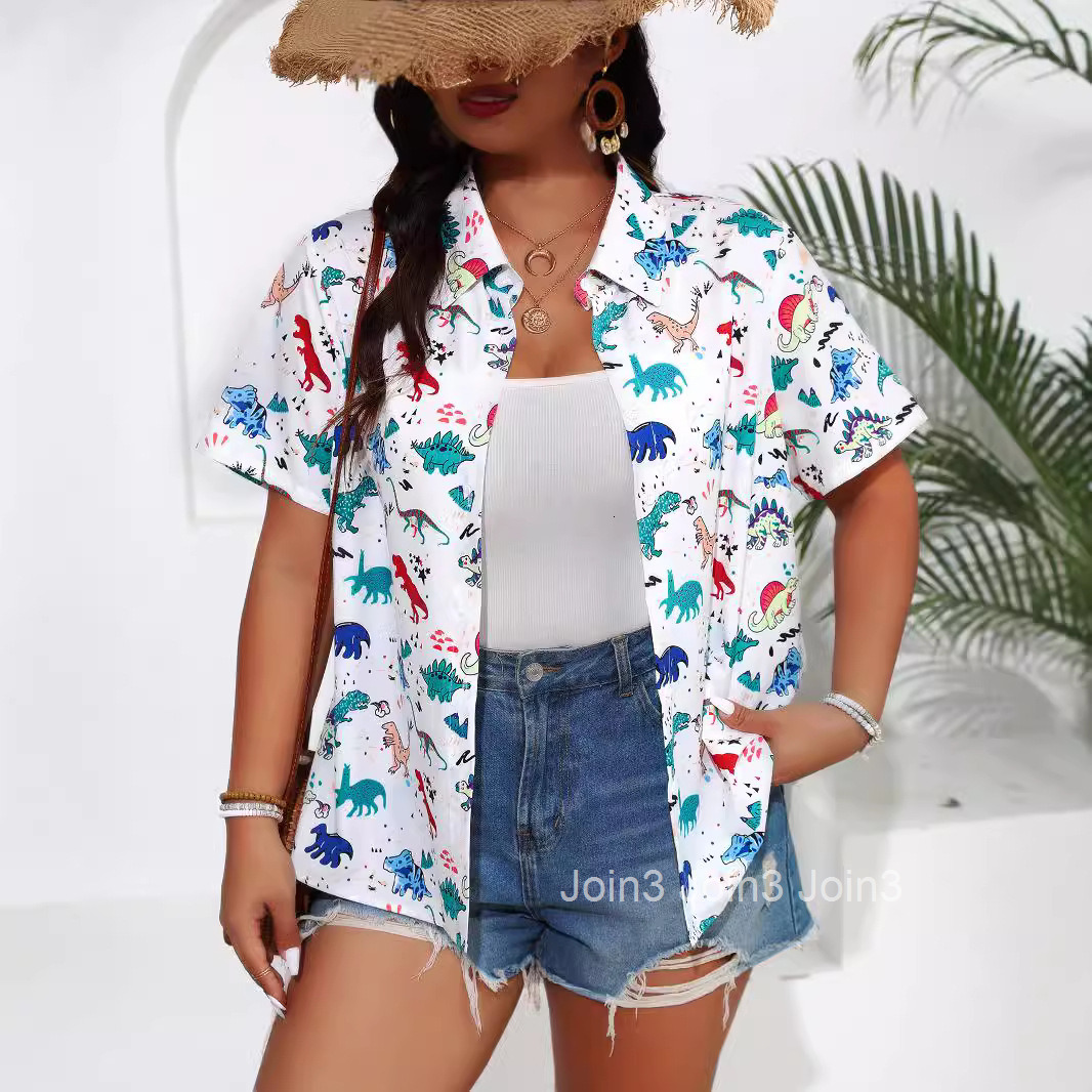 Large Size Womens Summer Soft and Cool Digital Printed Buckle Style Short Sleeved Shirt