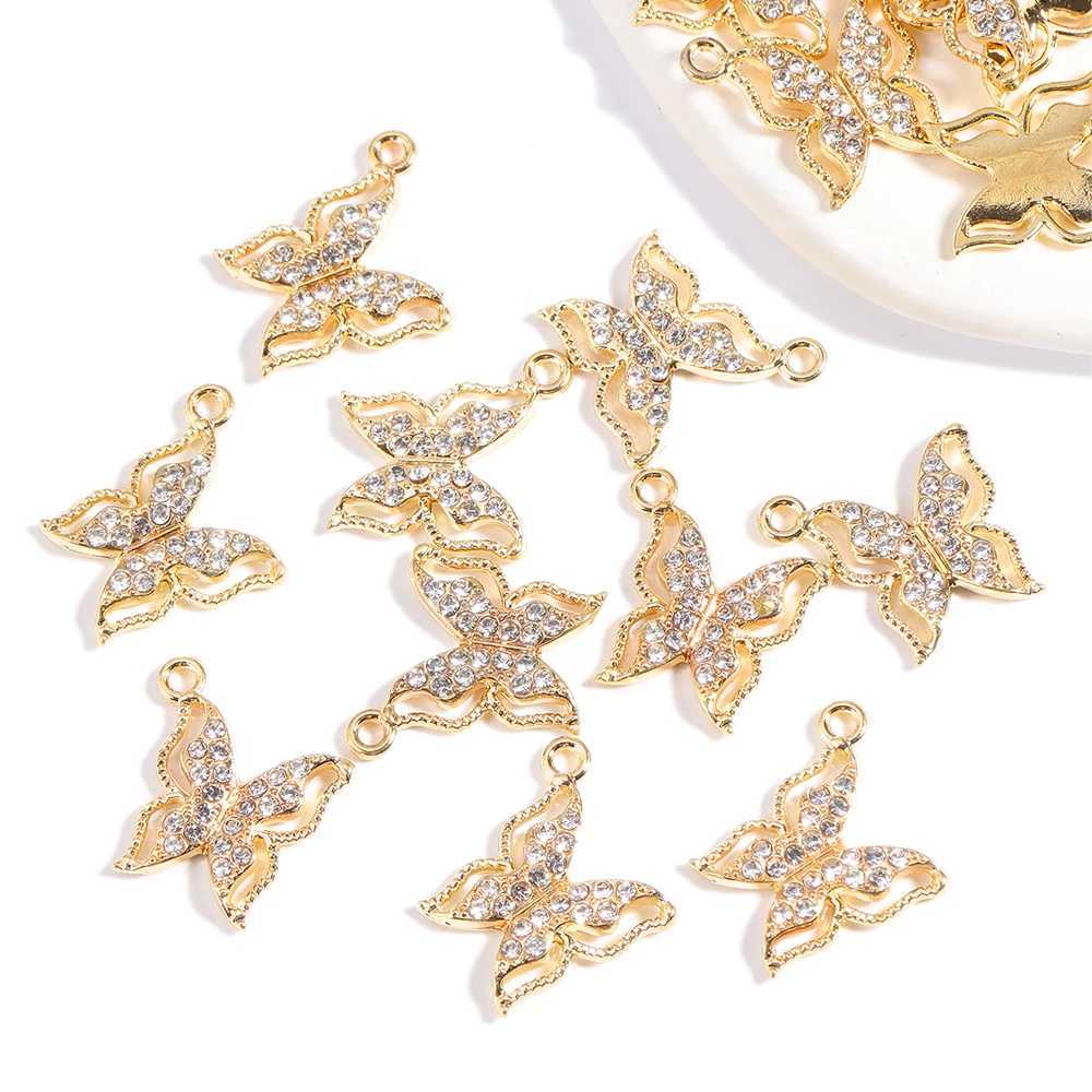 10Pcs/Lot Mixed Style Delicate Alloy Rhinestone Butterfly Pendant Gold Plated For DIY Earrings Necklace Jewelry Making CharmsXJ250517