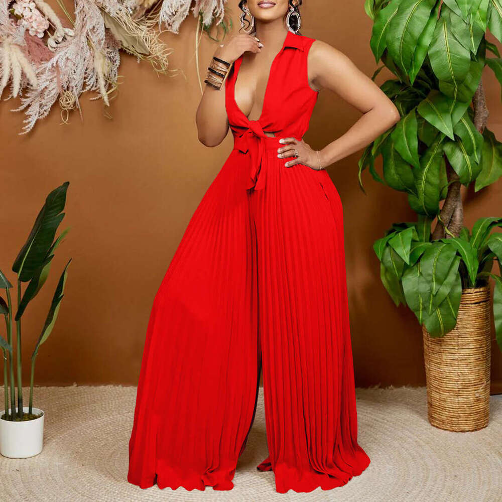 Wide Leg Jumpsuit C Women S Summer New Fashion V Neck Long Sleeved Lapel Loose Pleated Wide Leg Jumpsuit