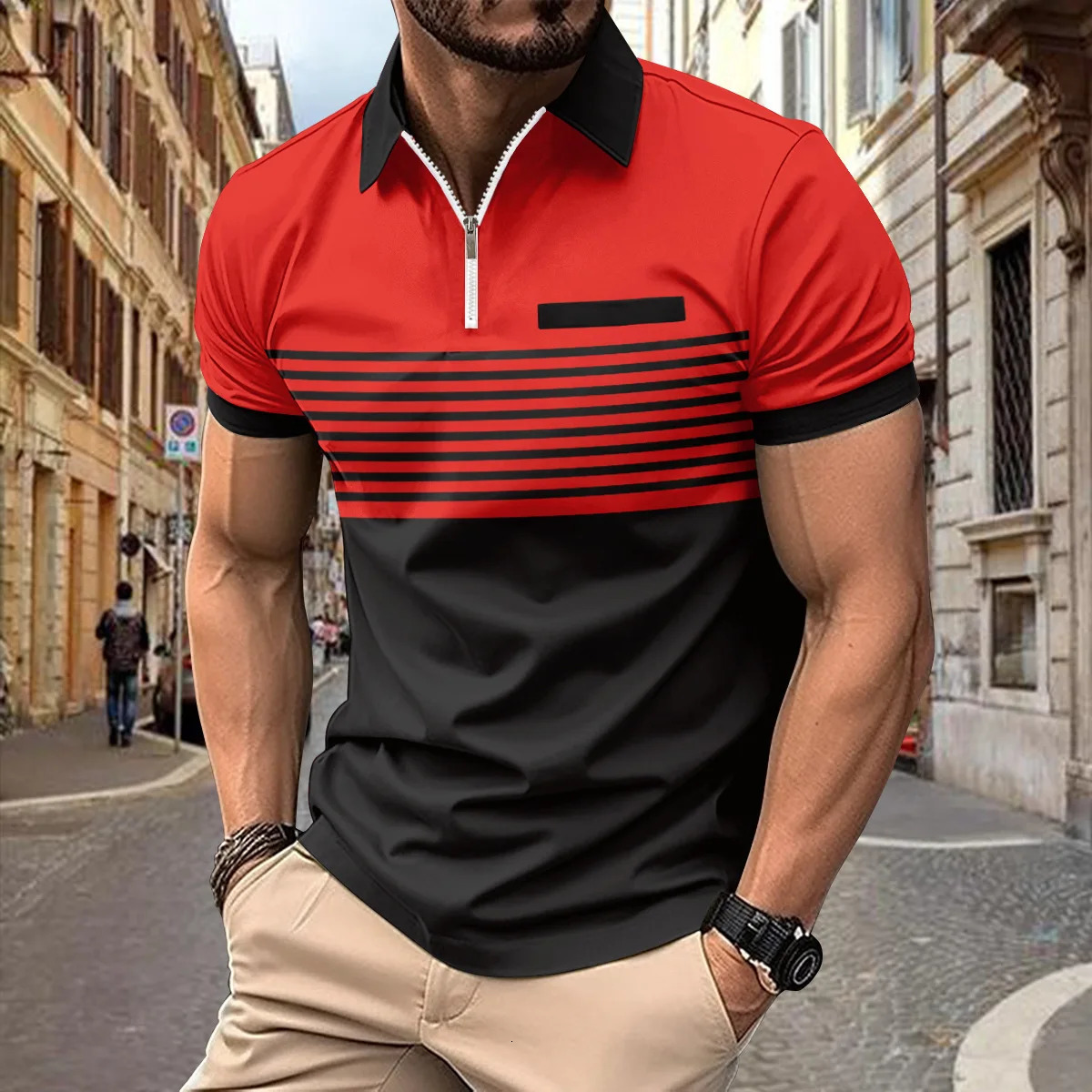 INS SpringSummer POLO Shirt Mens Zipper Printed Stripe Leisure Sports Muscle Fitness Polo Top 250506Z