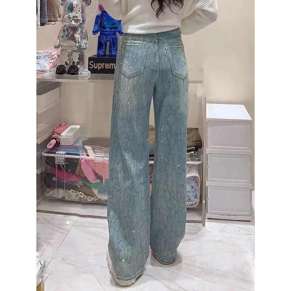 Jeans for Women Shiny High Waist Loose Wide Leg Denim Blue Rhinestone Mopping Pants Streetwear Fashion Trousers