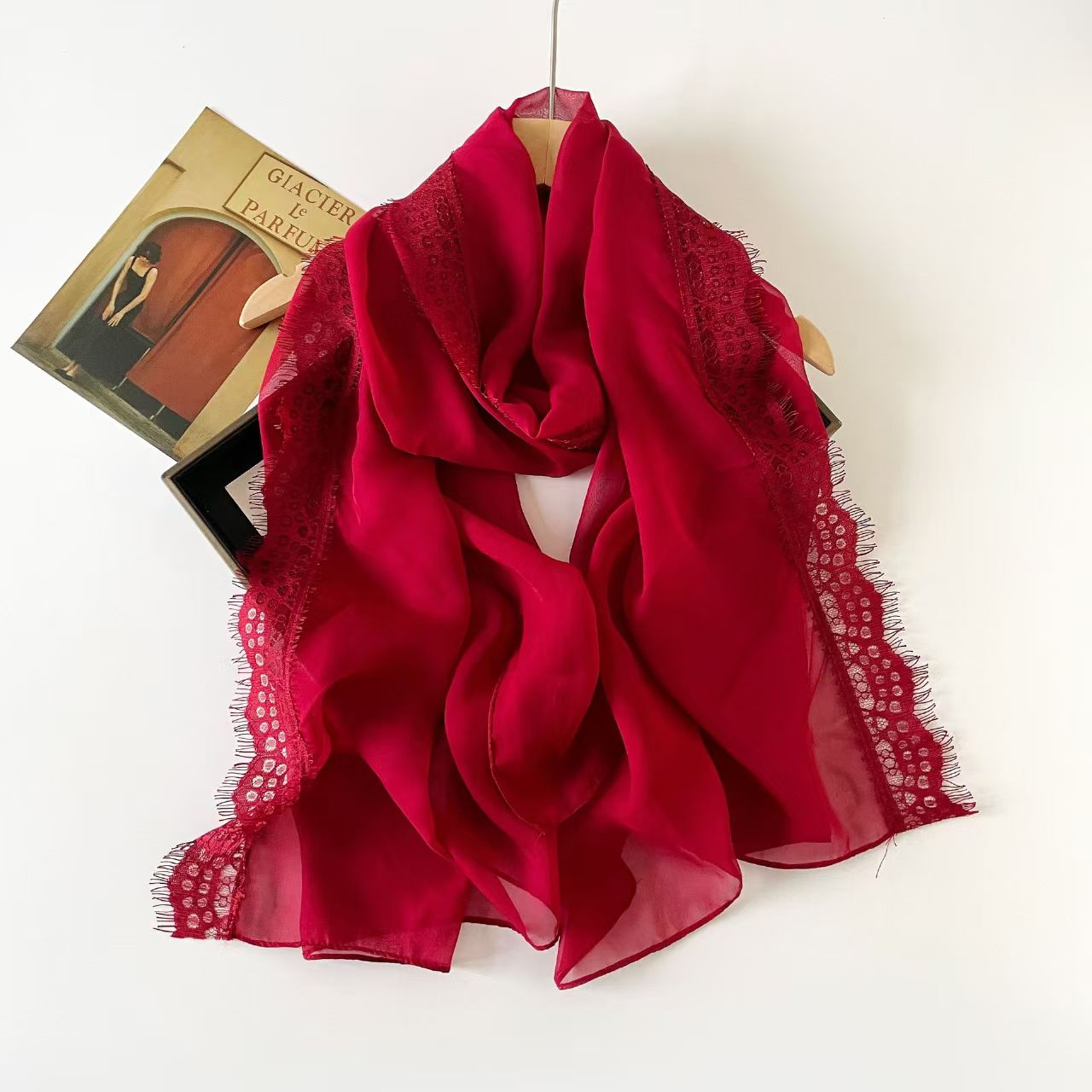 T730 solid color new lace stitching silk scarf fashion versatile scarf female spring and summer outerwear literary chiffon thin silk scarf