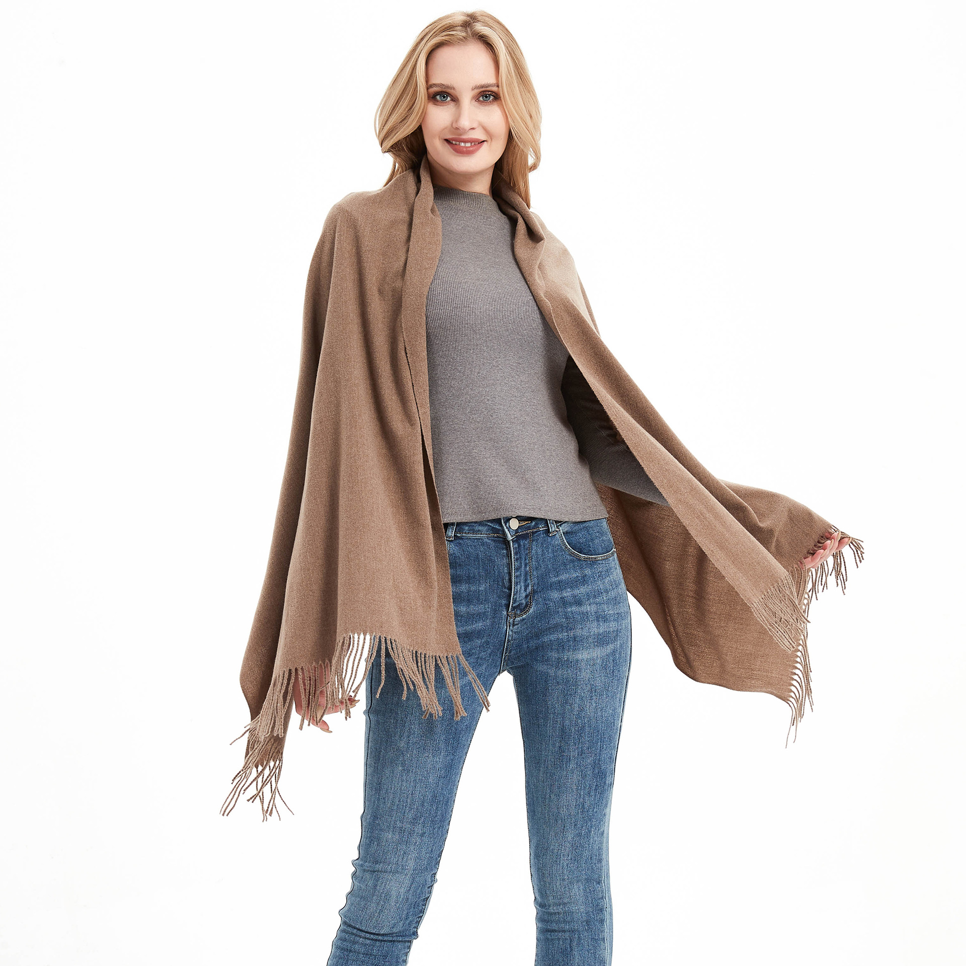 K745 Foreign trade European and American new autumn and winter scarf women's full polyester fringe solid color scarf shawl dual-purpose manufactu
