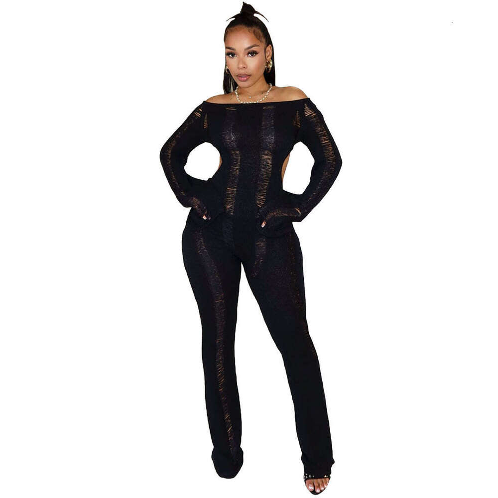 Wide Leg Jumpsuit S Women S Fashion Casual Hollow Hole Open Back Knitted Wrap Hip Slim Fit Jumpsuit