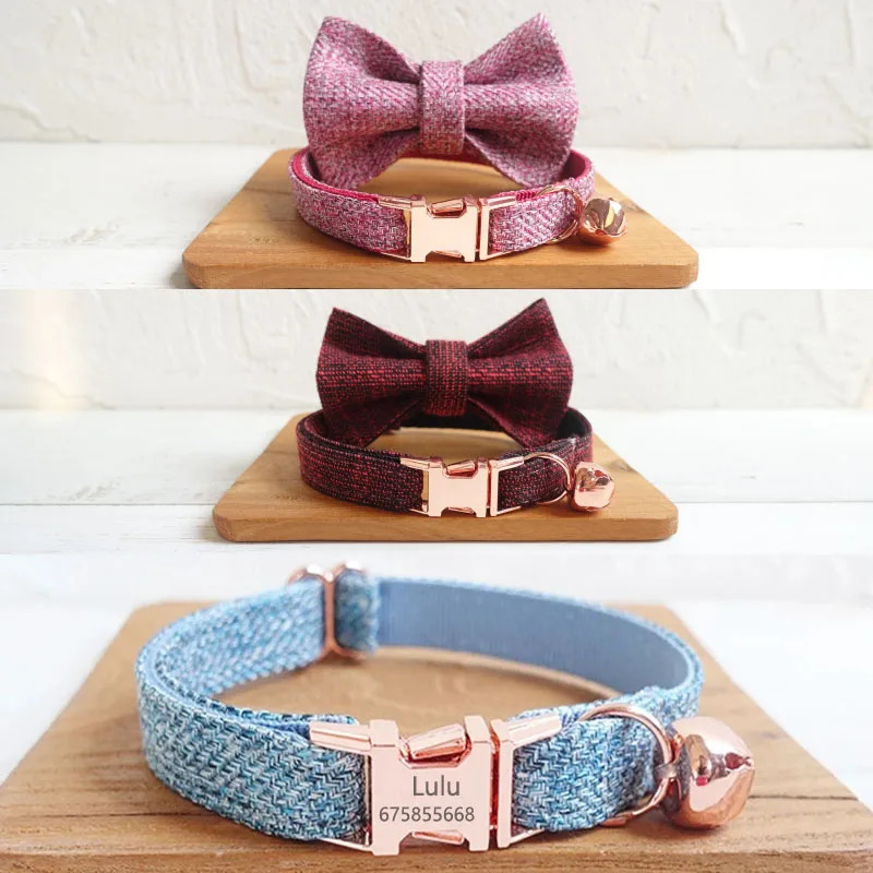 Personalized Cat Collar with Bell Bow tie Engraving Cat Necklace Tag Name Kitten Collars for Small Dog Collar Adjustable Custom 250517