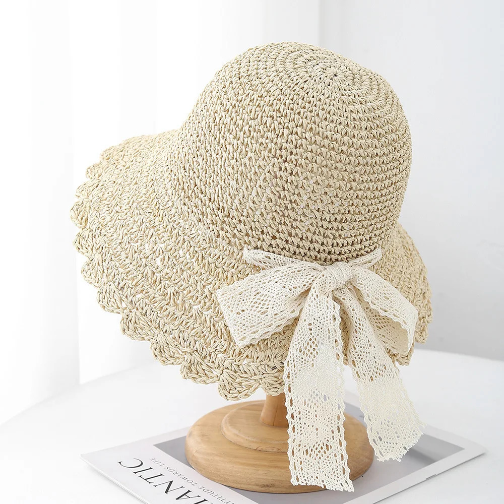 Lace Lace-up French Straw Hat Womens Summer Seaside Beach Sun Hat Foldable Large Brim Sun Protection Sunshade Hat Female 250516