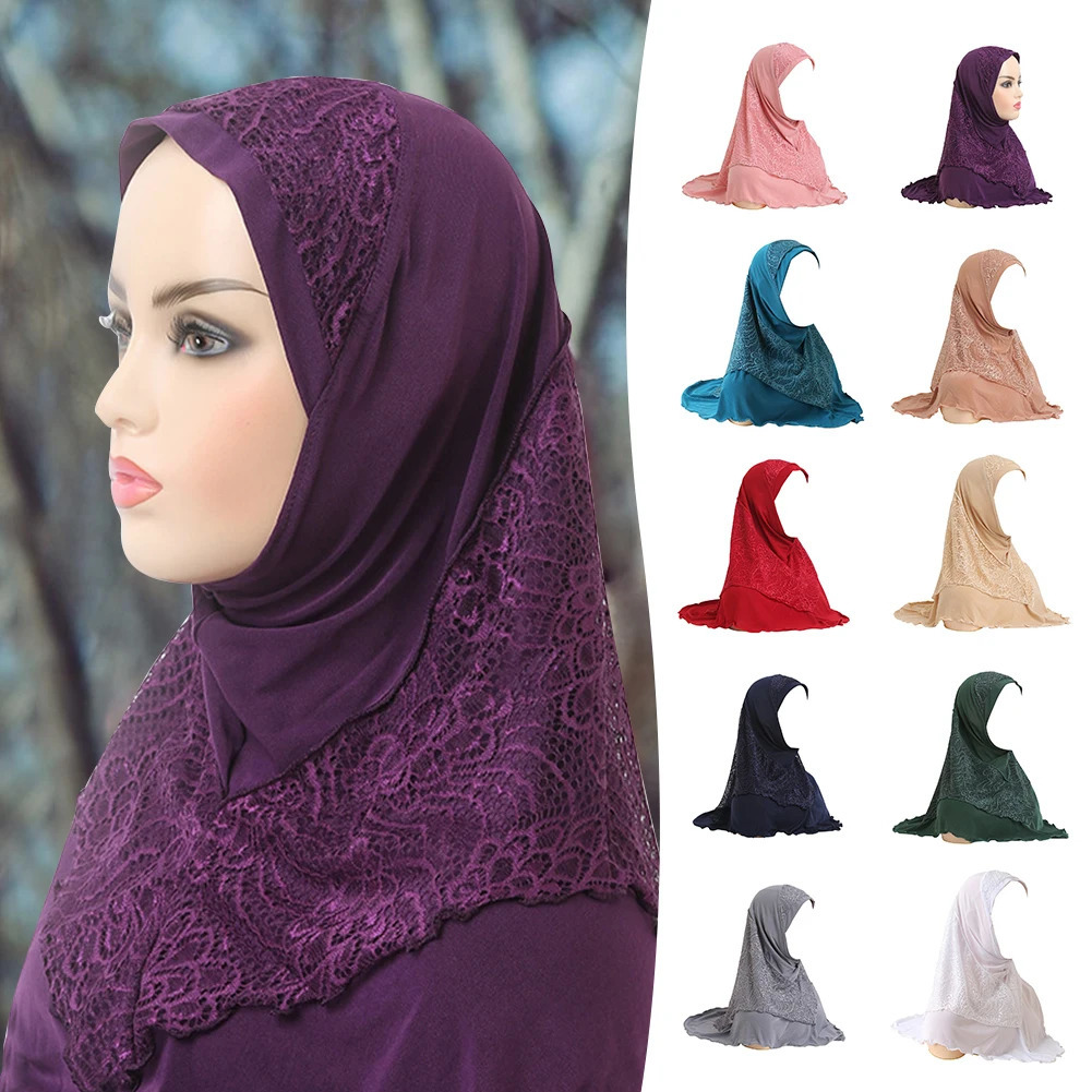 Simple Muslims Hijab Cap Lace Stitching Tulle Lightweight Scarf Shawl For Women Girls One Piece Head Wrap Comfy Headwear 250517