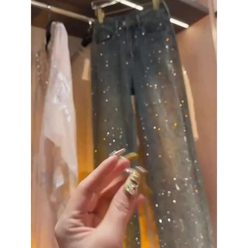 Jeans for Women Shiny High Waist Loose Wide Leg Denim Blue Rhinestone Mopping Pants Streetwear Fashion Trousers