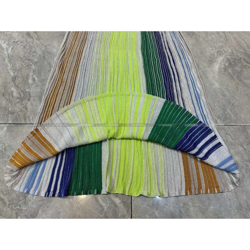 Women Metallic Sequined Striped Halter Neck Sleeveless Maxi Long Dress