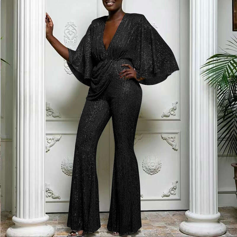 Wide Leg Jumpsuit New Women S Sequined Sexy Deep V Back Jumpsuit Pants