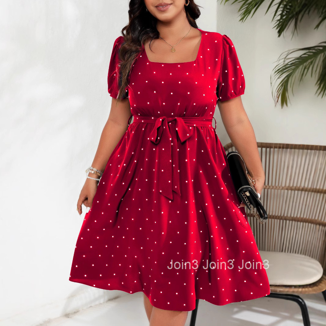 Large Size Womens Elegant Polka Dot Waist Cinched Lace Up Square Neck Big Swing Dress