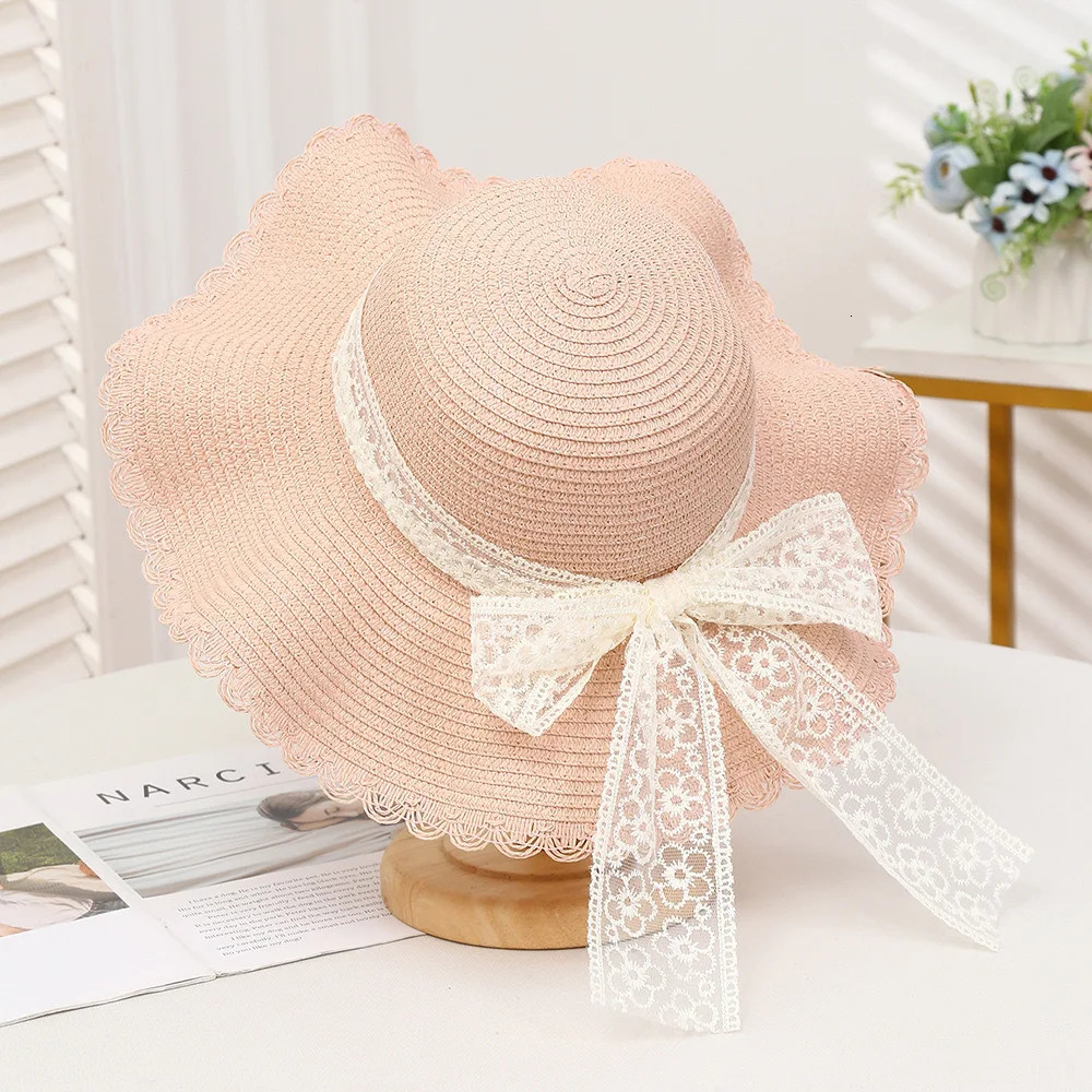 2025 Womens Wide Brim Straw Hat Lace Butterfly Knot Sunscreen Beach Holiday Style Summer Vacation Cap for Ladies 250516
