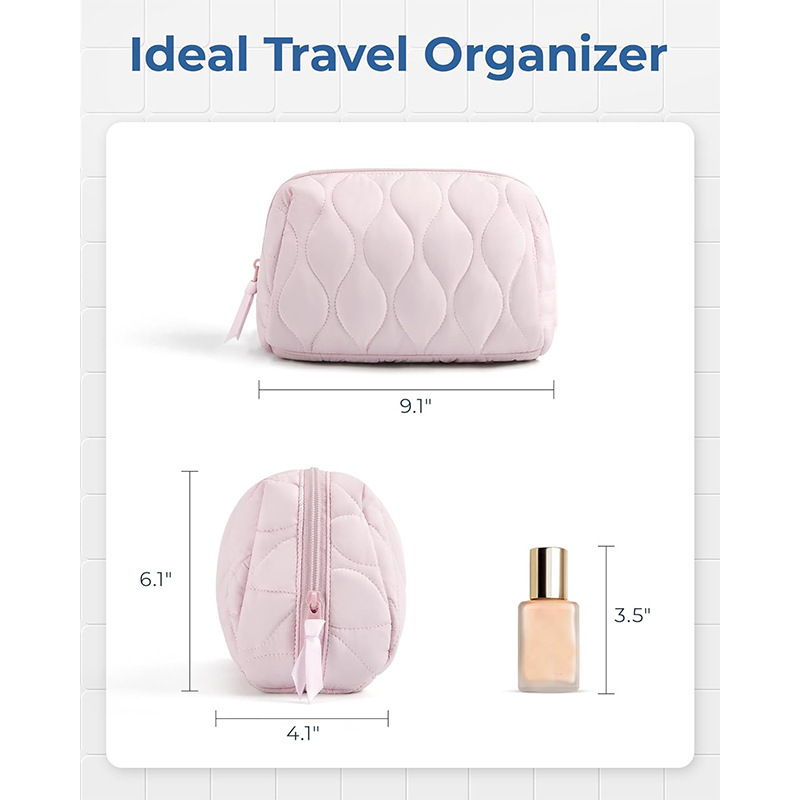 Quilted Waterproof Wash Bag for Cosmetics, with Padding, Travel Handbag, Zipper, Portable Cosmetics Storage Bag