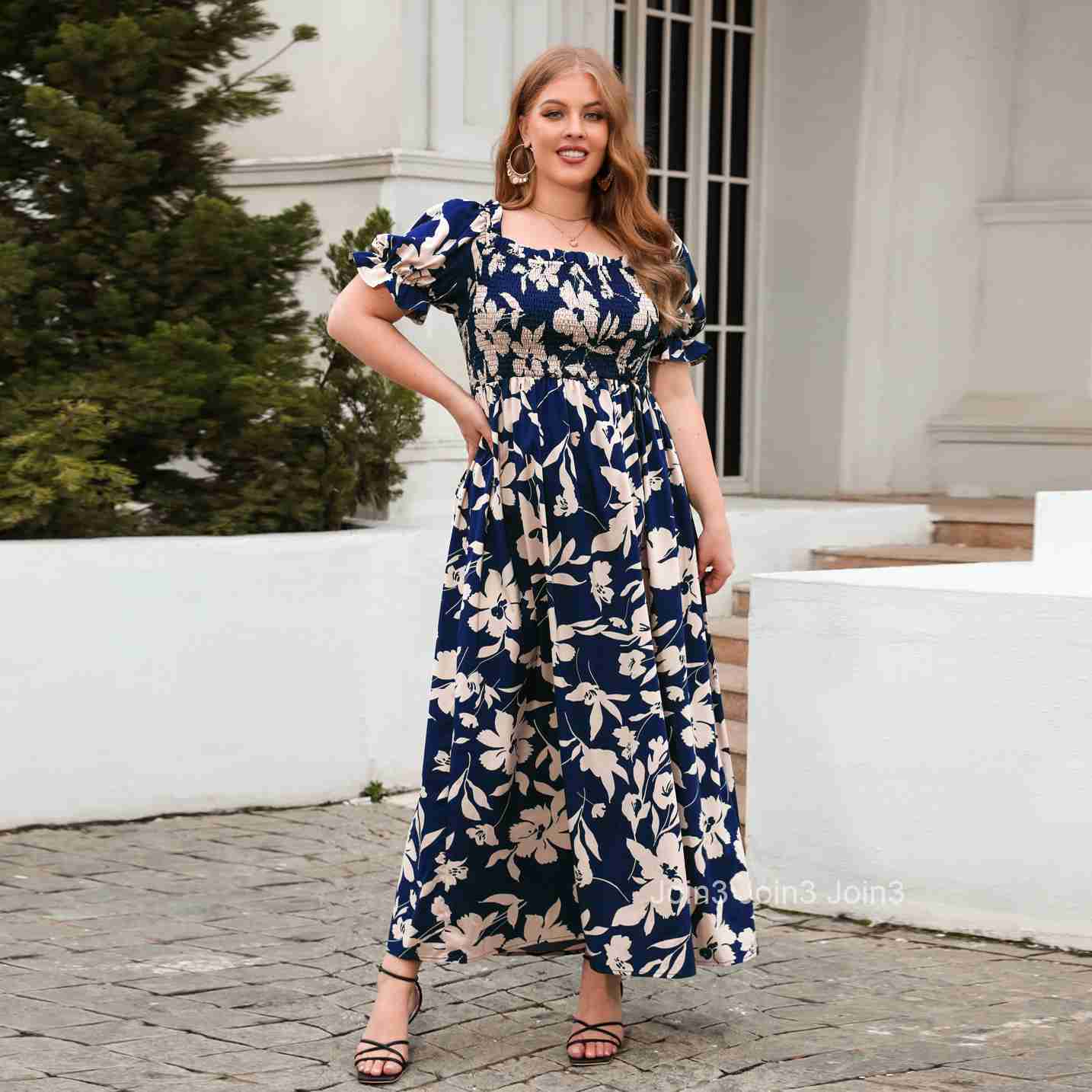 Large Womens Dress Large Print Leisure Holiday Dress Bohemian French Elegant Mid Length Dress