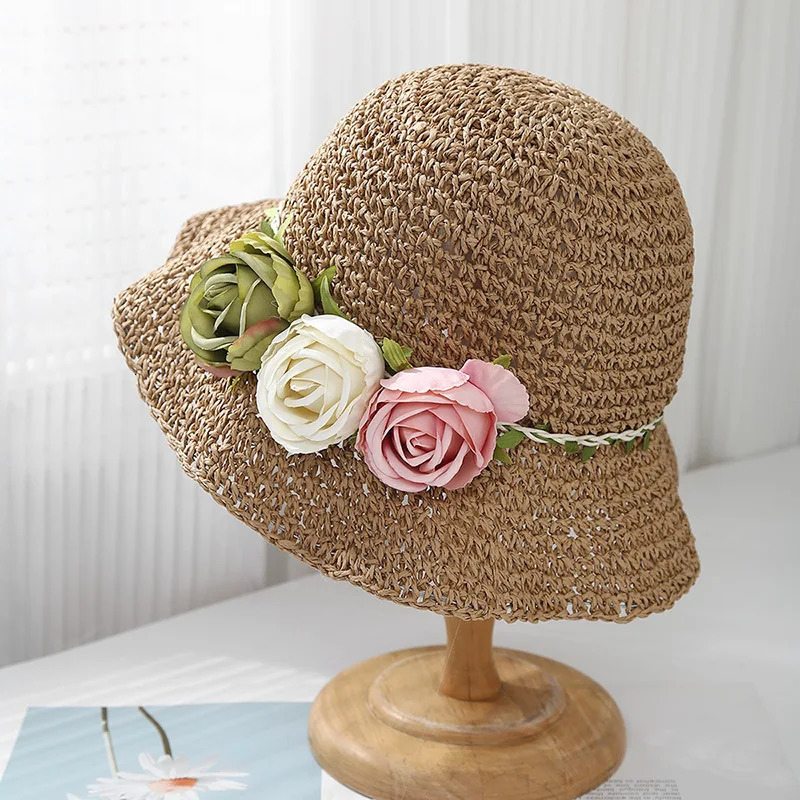 Womens Summer Hat Flower Straw Sun Lady Breathable Sunshade Foldable Seaside Holiday Beach Accessories Korean Style 250517