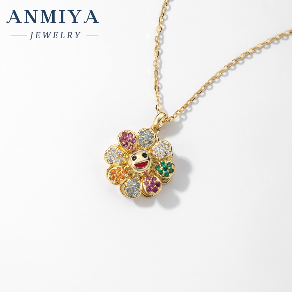 Takashi Murakami Diamond-encrusted Sun flower Pendant 925 Silver necklace Trendy hip hop glitter pink rotatable collars