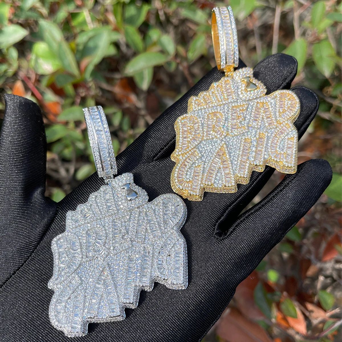 Hip Hop BREAD GANG Letters Pendant Necklace 5A Zircon Gold Plating Mens Jewelry