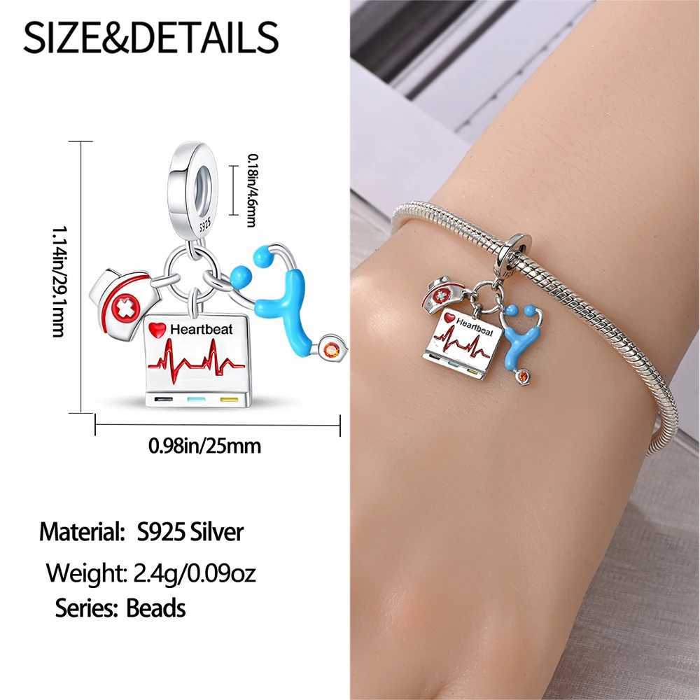 925 Sterling Silver Doctor Nurse Hat ECG Bacteria Pills Medical Kit Teeth Dangle Charm Fit Brand Bracelet Medical jewelryXJ250517