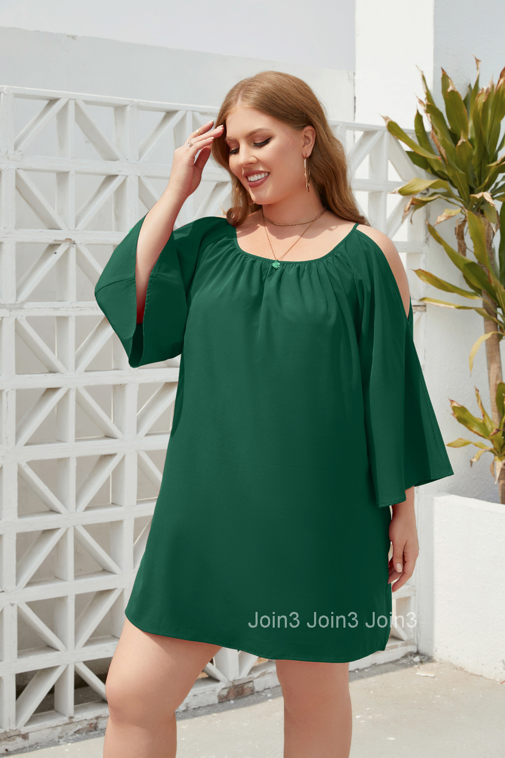 Large Womens Wear Large Solid Leisure Holiday Dress Tourism Round Neck Split Bubble Sleeve Dress