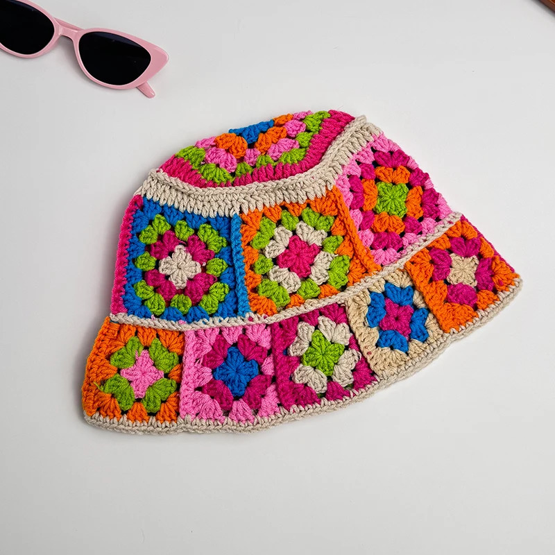 Handmade Crochet Bucket Hat Women Autumn Winter Flower Knit Beanies INS Korean Casual Beanies Panama Cap Fisherman Hat 250516