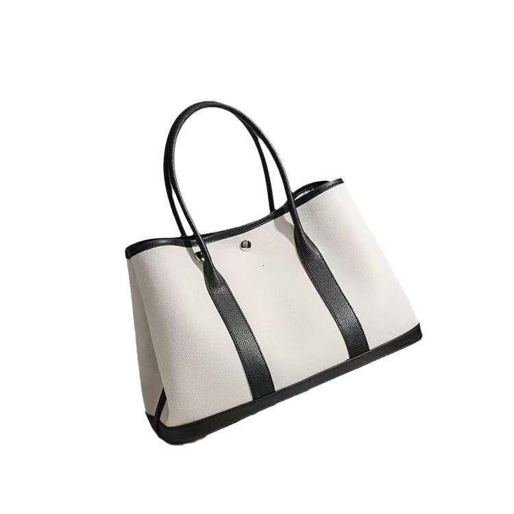 Tote Bag Canvas Splicing Head Layer Cowhide Garden Large Capacity Contrasting Color Hand Held Mom Commuting Shopping Bag Tote Women S Bag KQ