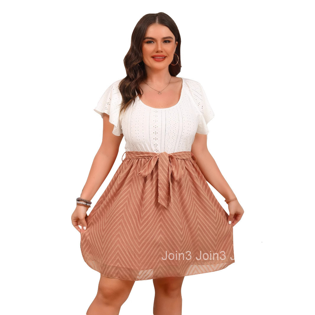 Large Size Elegant Womens Mesh Jacquard Fabric Spliced Lace Up Dress