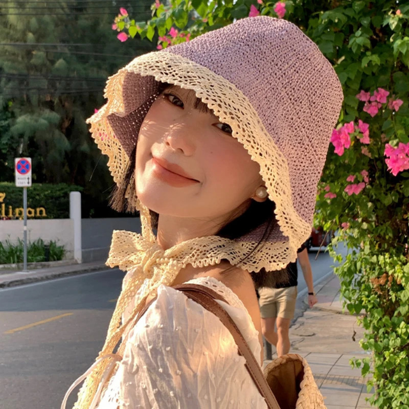 Ins Gentle Purple Lace Strap Straw Hats for Women Summer Travel Versatile Japanese Retro Fresh Sun Protection Beach Bucket Caps 250516