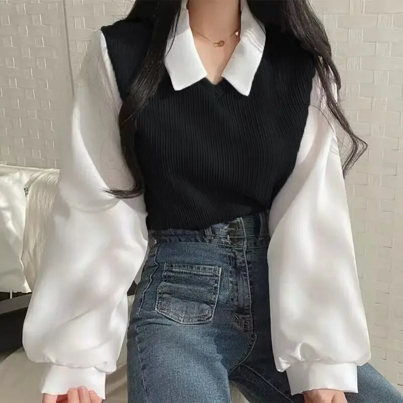 Summer Blouse Women Korean Style False Two-piece Polo Collar Blouses Y2k Tops Streetwear Loose Youth Pullovers Elegant Shirt 250517