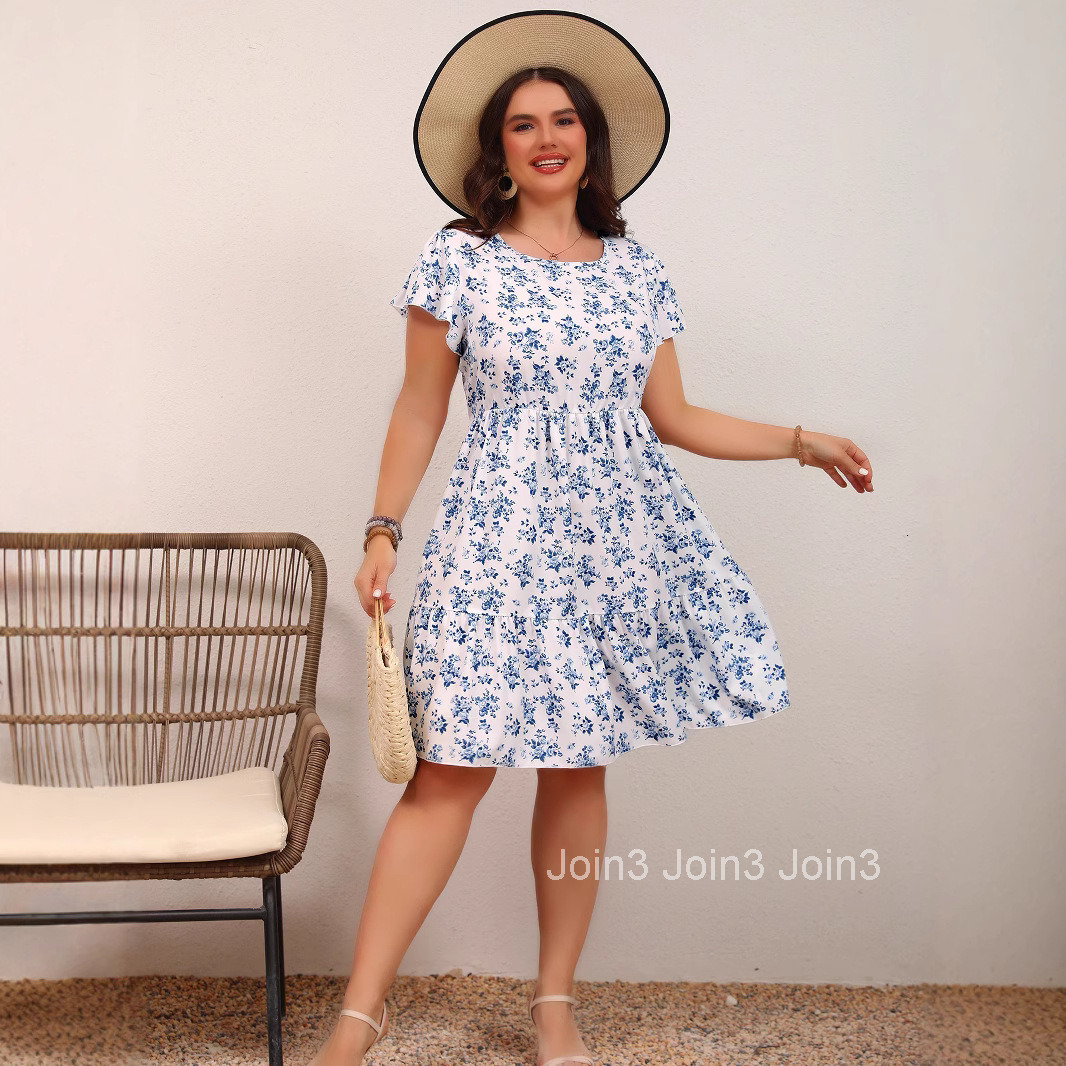 Large Womens Gentle Vacation Style Dress for Spring and Summer New Round Neck Floral Mid Length Skirt