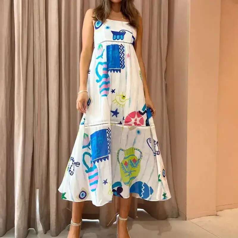 Basic Casual Dresses Elegant Print Colorful Long Dress Women High Waist Straps Backless Sexy Ladies Summer Beach Vaction Robe designer bag