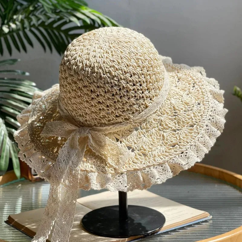Summer Foldable Lace Edge Straw Hat for Womens Handwoven Cute Bow Sunshade Hat for Vacation Beach Hat 2025 250516
