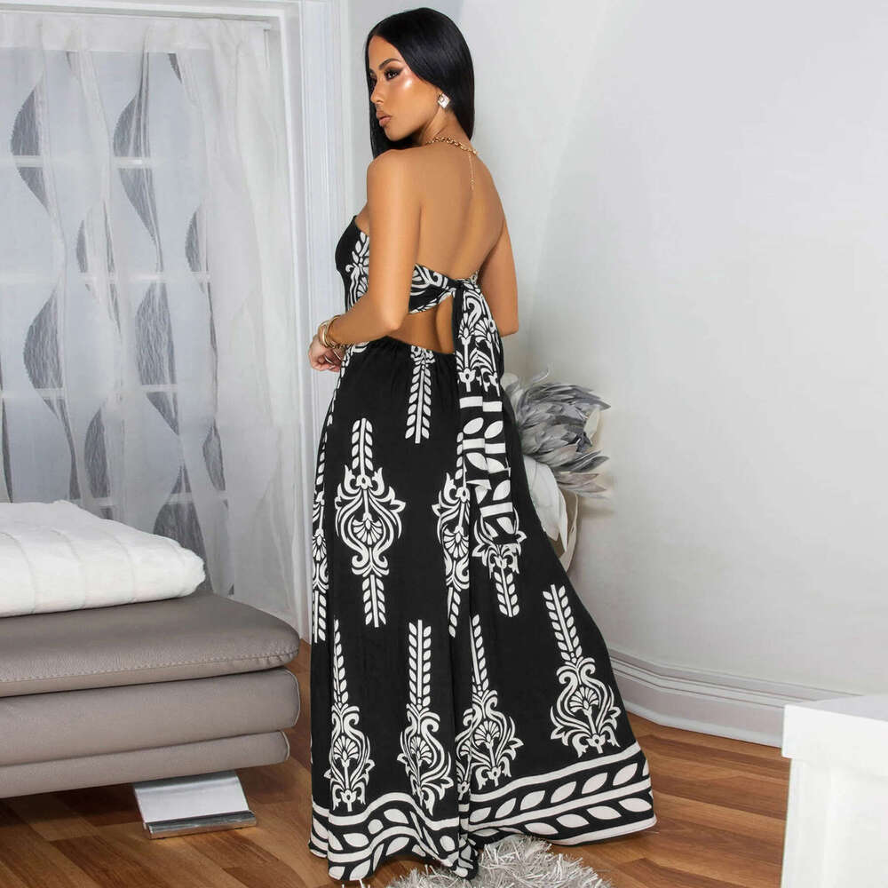 Wide Leg Jumpsuit Women S Clothing Positioning Printed Waist Cinched Skirt Pants Chest Wrapped Jumpsuit New