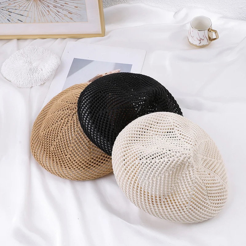 Ladies Day literary beret Spring Summer Breathable hollow weave painters hat temperament everything with bud 250517