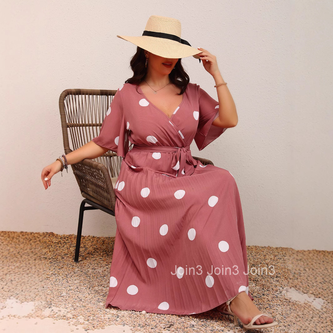 Fashionable Large Polka Dot Print V-neck Lace Up Pleated Long Dress