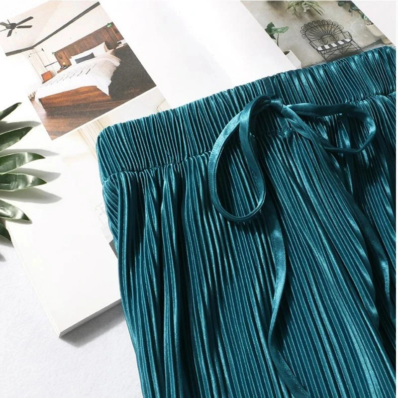Women Fashion Summer Wide Leg Pants Pleated Ice Silk Trousers Elastic Waist Loose Casual Pant 250517