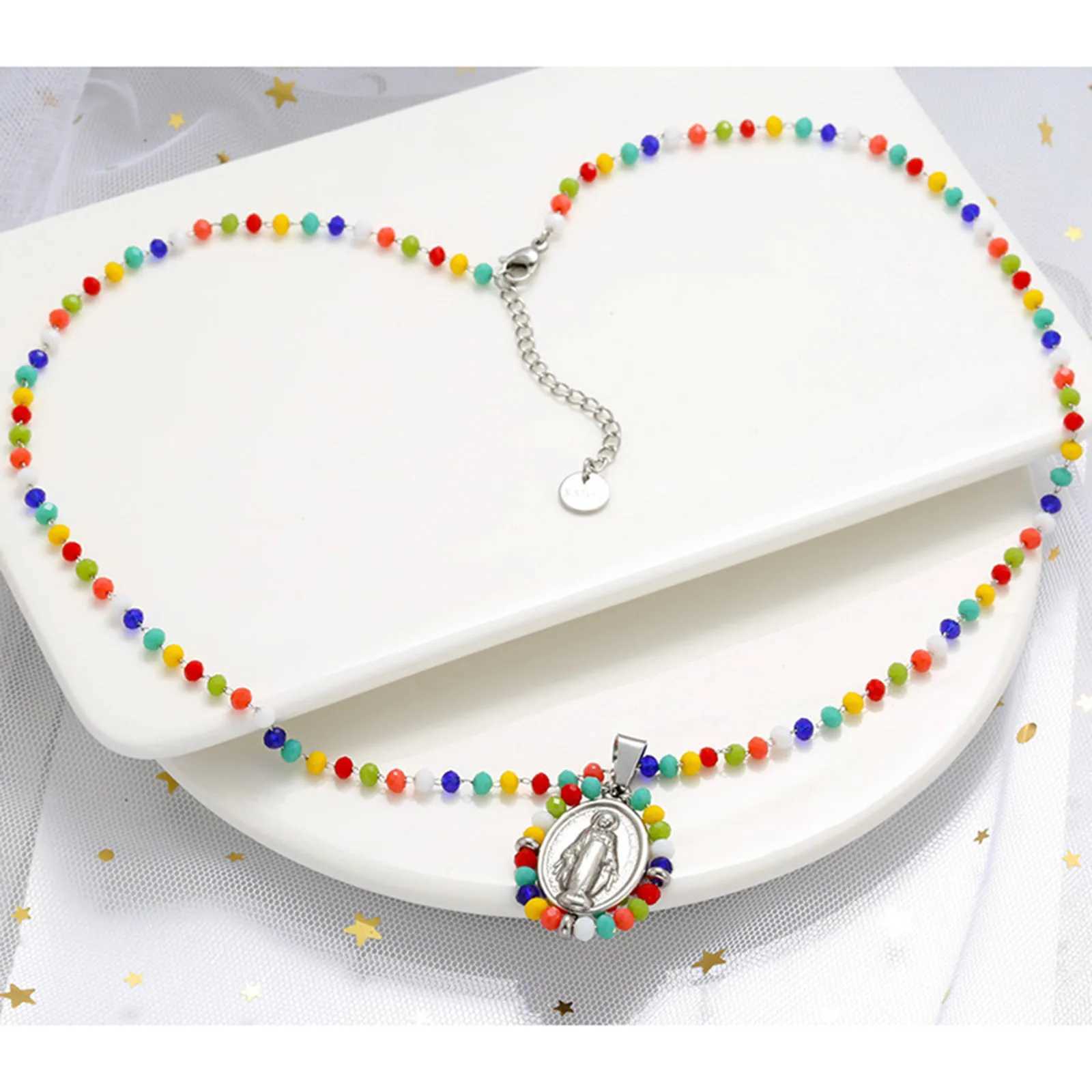 Stainless Steel Oval Religious Virgin Mary Pendants Colorful Glass Beads Charms For Necklace Jewelry Making Supplies 38x24mmXJ250517