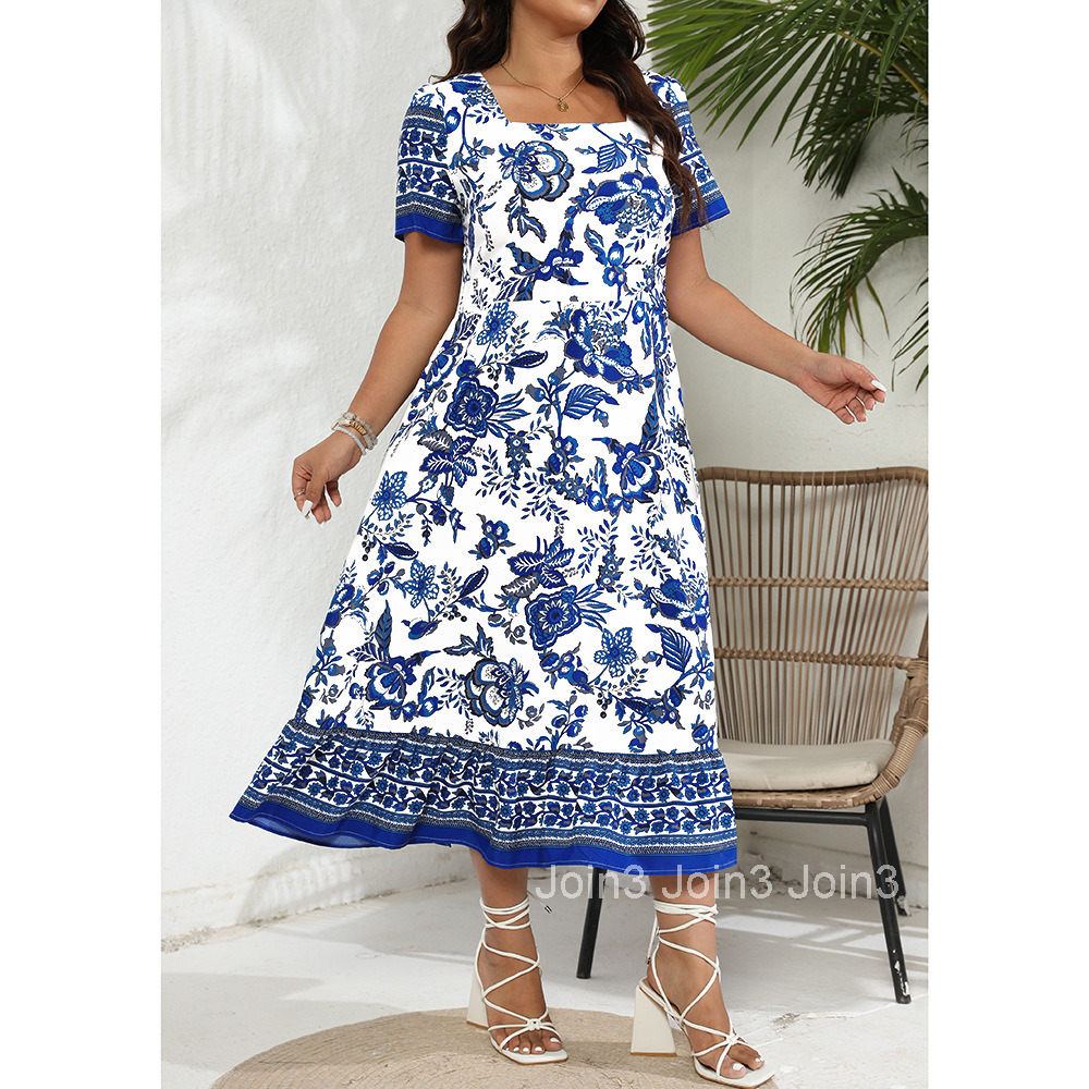 Ethnic Style Positioning Blue and White Long Dress