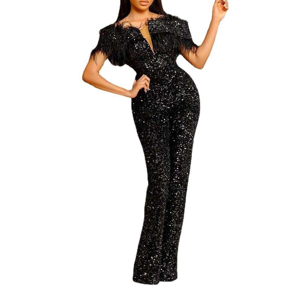 Wide Leg Jumpsuit New Spring Summer Women S Jumpsuit V Neck Feather Sequin Slim Fit Waist Cinching Dress
