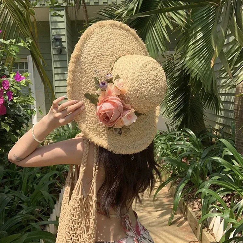 Flower rose decoration raffia straw hat for women summer large brim sun hat seaside atmosphere elegant wedding hat 250516