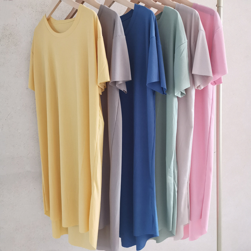P1806 Ice silk cool skirt women's loose mid-length nightdress comfortable solid color simple large size ladies dress