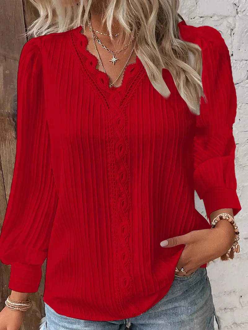 Elegant Summer Hollow Lace Patchwork Women Shirt Chic Blouse V Neck Long Sleeve Shirt Plain Lace Casual Basic Regular Tops 250517