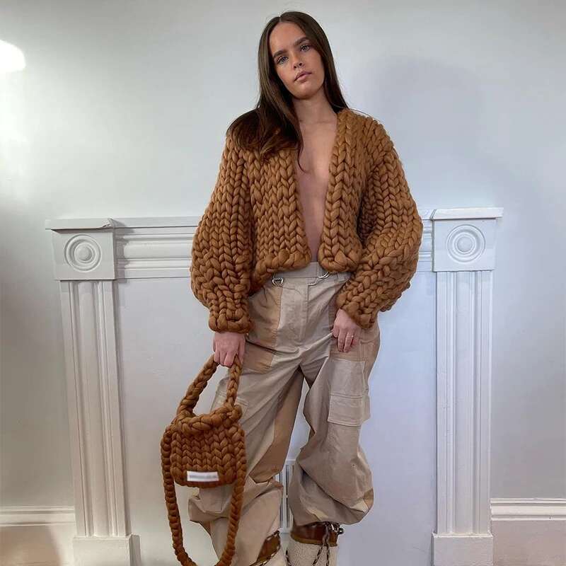 Chic Casual Coarse Noodle Cardigan Lantern Sleeve V Neck Sweater 2025 New Lady Commuter Winter Spring Knit Outerwear Designer