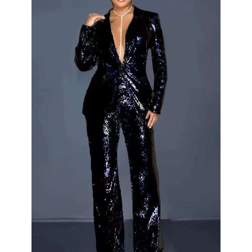 Wide Leg Jumpsuit Summer New Women S Long Sleeved V Neck Sequined Jumpsuit Two Piece Set