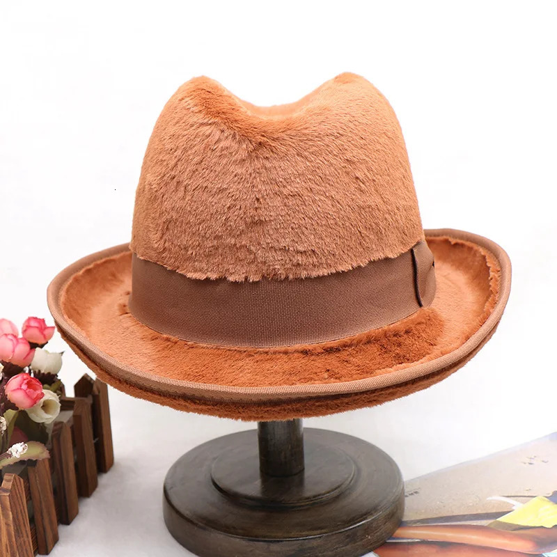 Plush Pork Pie Hat Man Fedora Unisex Gentleman Round Top Cap Cosplay Feather Accessories Derby Bowler Hat Winter Hat 250516