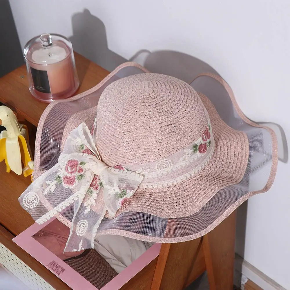Elegant Spring Summer Beach Straw Hat Big Brim Foldable Lace Bow Straw Hat Travel French Style Womens Sun Hat Girls 250516