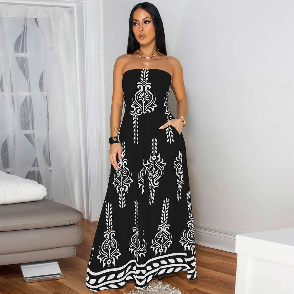 Wide Leg Jumpsuit Women S Clothing Positioning Printed Waist Cinched Skirt Pants Chest Wrapped Jumpsuit New