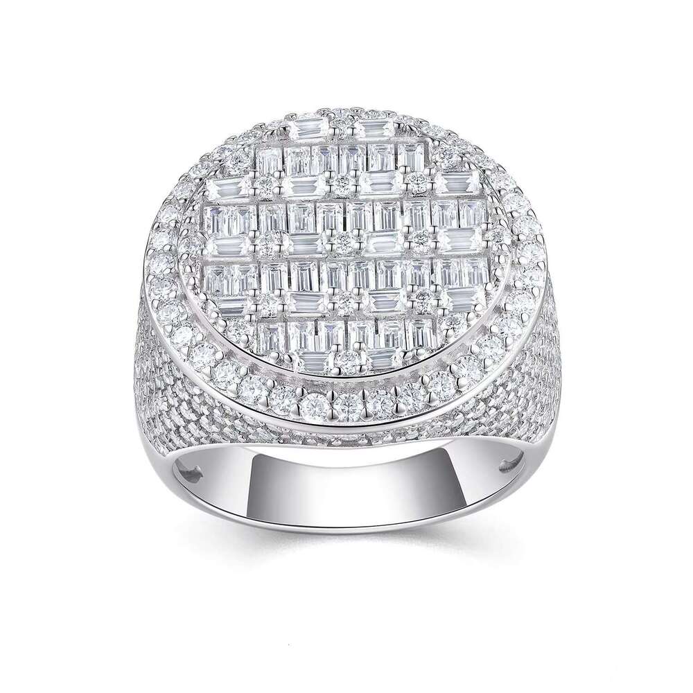 Full ice out long stick bread with sandstone ring S pure silver gold-plated men's hip-hop rapper jewelry
