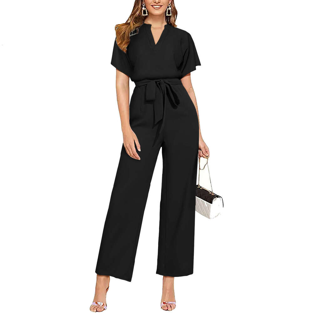 Wide Leg Jumpsuit Summer Solid Color V Neck Sleeveless Women S Jumpsuit Belt