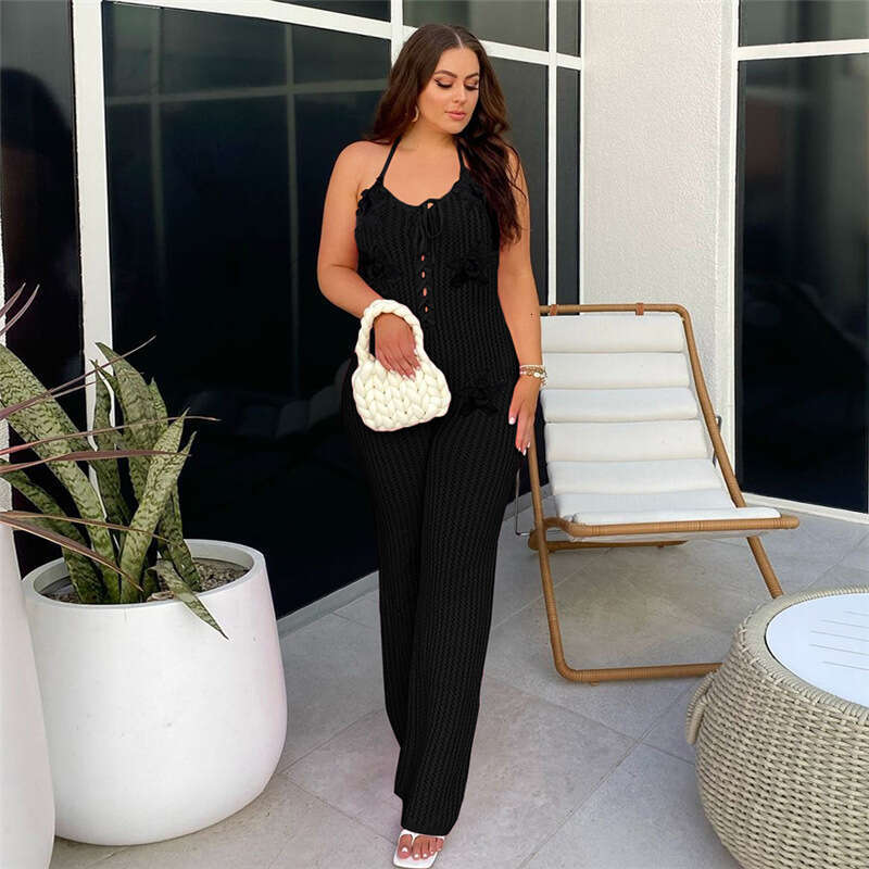 Wide Leg Jumpsuit Wind Spring New Creative Street Trendy Knitted Hollow Sexy Bareback Jumpsuit For Women