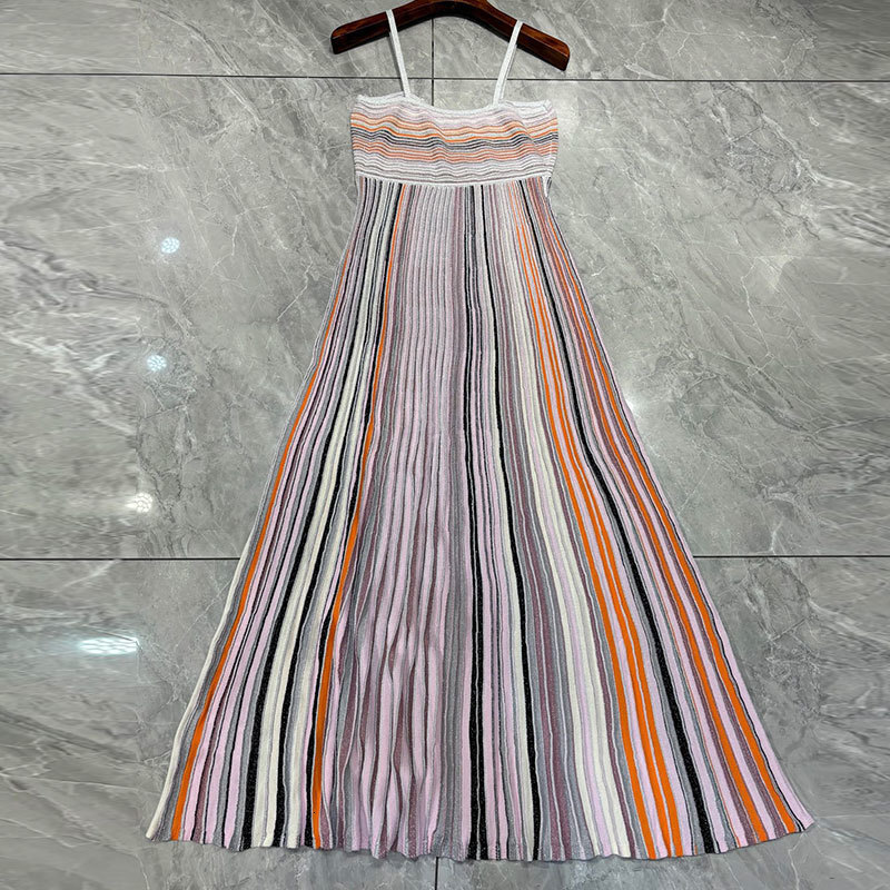 Summer Women's Gradient Striped Camisole Dress Two Colors Elegant Waist-Defining Sleeveless Maxi Gown New Arrival Fashion Classic Luxury Clothes 